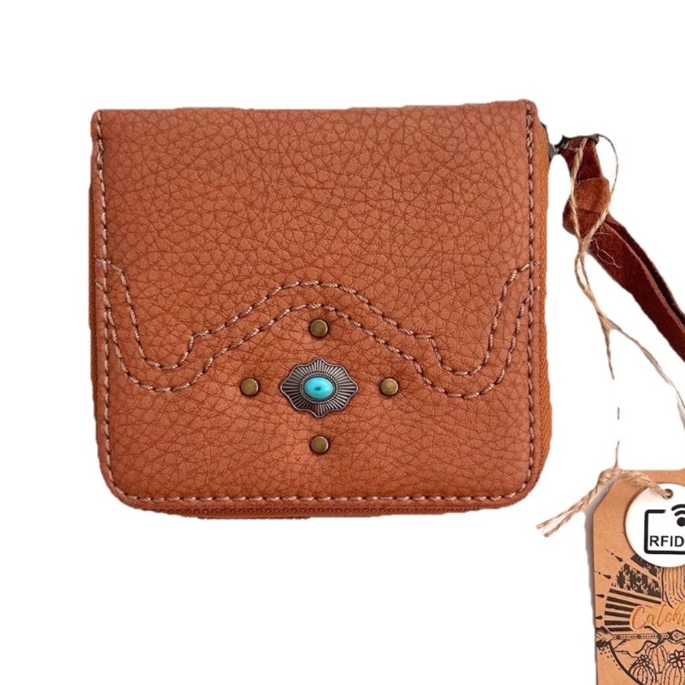 Catchfly Faux Turquoise Faux Leather Compact Zip around Cognac Brown Wallet